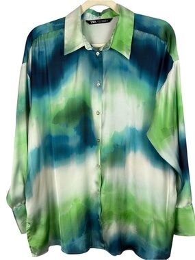 ZARA Watercolor Tie Dye Satin Button Down Blouse Top Green Blue Medium